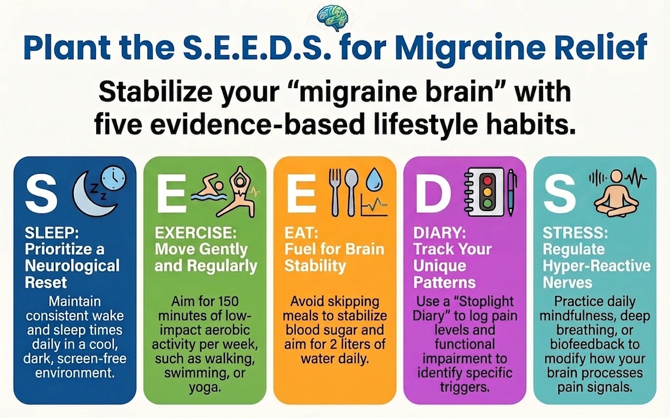 The SEEDS framework for migraine management: Sleep, Exercise, Eat, Diary, and Stress