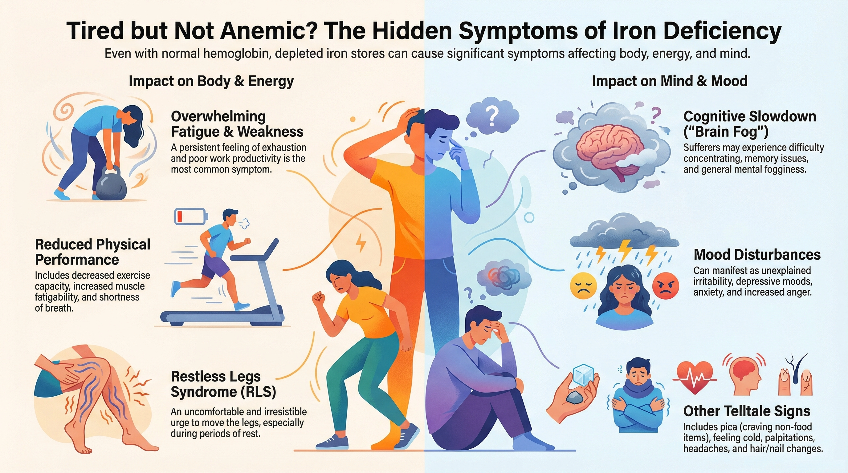 IDWA Symptoms Infographic: Visual guide to iron deficiency without anemia symptoms including fatigue, brain fog, restless legs, hair loss, and other common signs