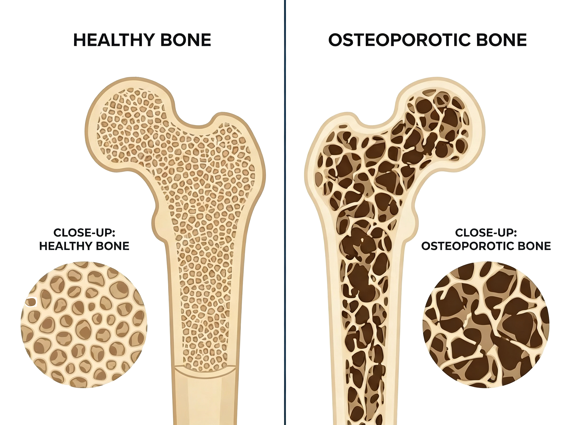 Healthy bone vs. osteoporotic bone: close-up comparison of bone structure